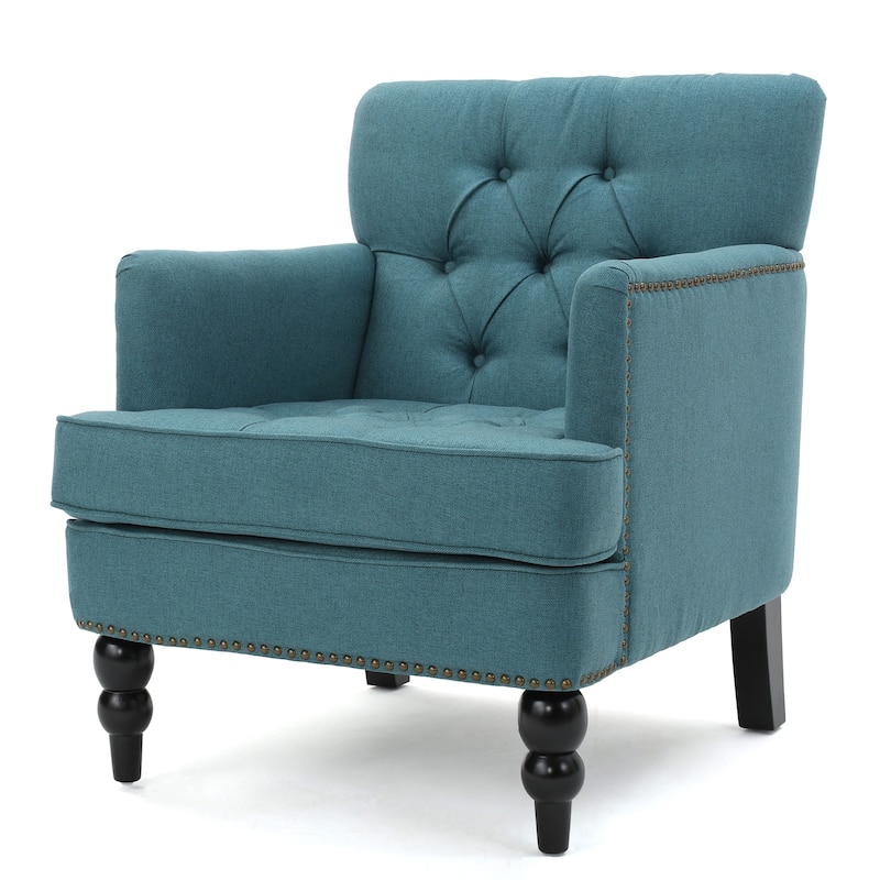 Teal Modern 28" Upholstered Button Tufted Club Chair with Rubber Wood Legs and Nailheads