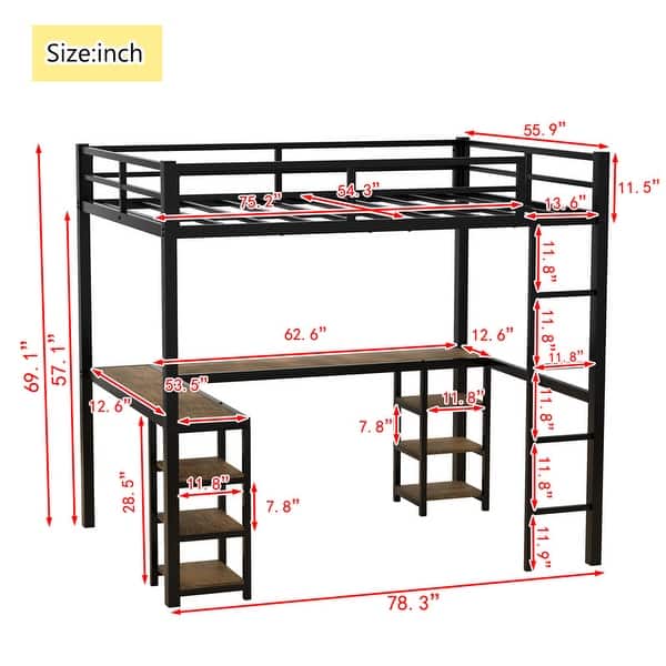 dimension image slide 0 of 2, Full Size Metal Loft Bed with Built-in Desk and Shelves, Multifunctional Loft Bed Frame with Ladder and Guardrails