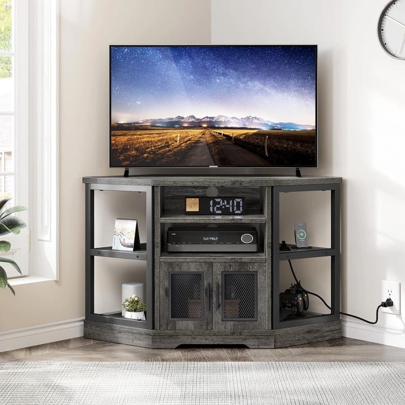 Corner TV Stand with Power Outlets & LED Lights TV Console Grey - 47 inches in width