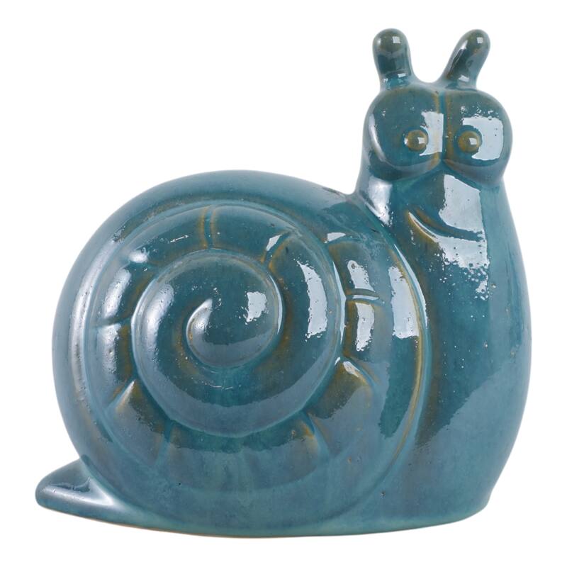 Pottery Clay Decorative Garden Statue Snail Sculpture Reactive Finish - Green