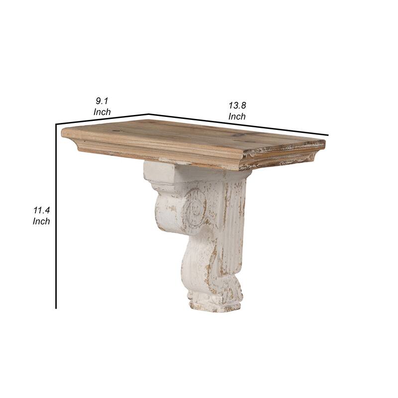 Rick 14 Inch Wall Shelf, Rectangular Brown Top, Fir Wood, Distressed White