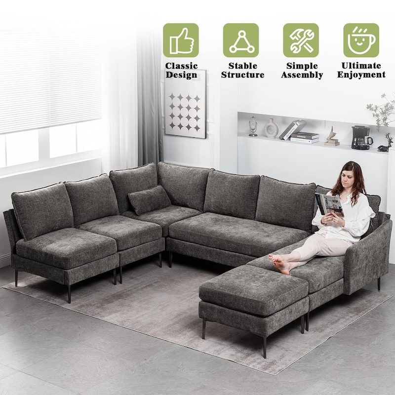 Modern Chenille Sectional Sofa with Reversible Chaise and Ottoman, Perfect for Living Rooms with Sleeper Function