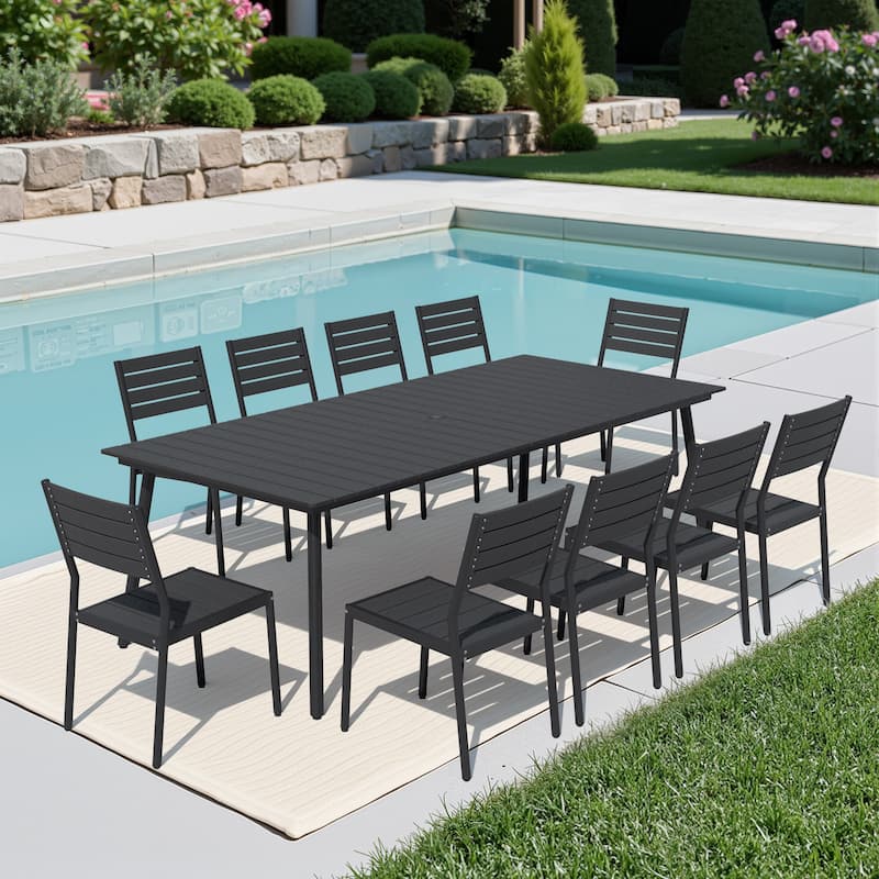 11 PCS Outdoor Rectangle Aluminum Dining Table with Umbrella Hole and 10 Stackable Chairs - Black