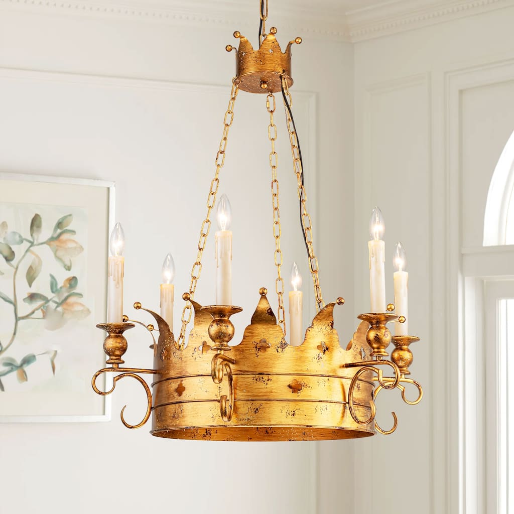 6-Light Luxury Retro Antique Gold Crown Metal Hanging Light Chandelier for Hallways,Living Room