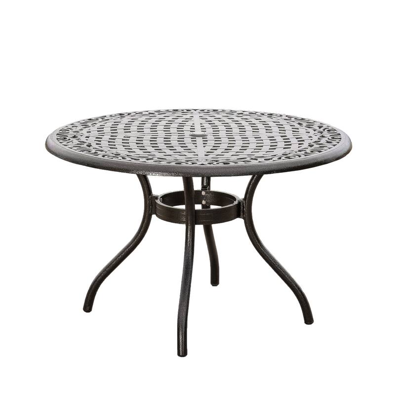 Roomfitters Outdoor Aluminum Dining Set with Lattice-Pattern Round Table and Four Armchairs for Stylish Patio Dining