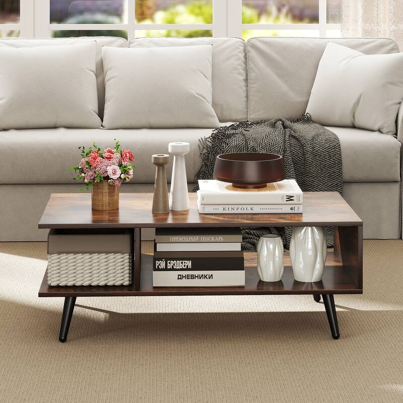 Modern 2-Tier Wood Coffee Table with Open Storage Shelf and 4 Metal Legs for Living Room - 31.5" x 18" x 12"