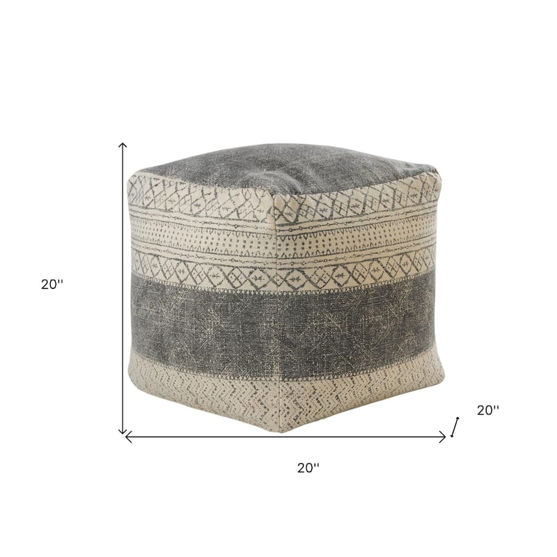 20” Upholstered Pouf Ottoman Square Cotton Footstool Ivory Grey Geometric Design Removable Zippered Cover