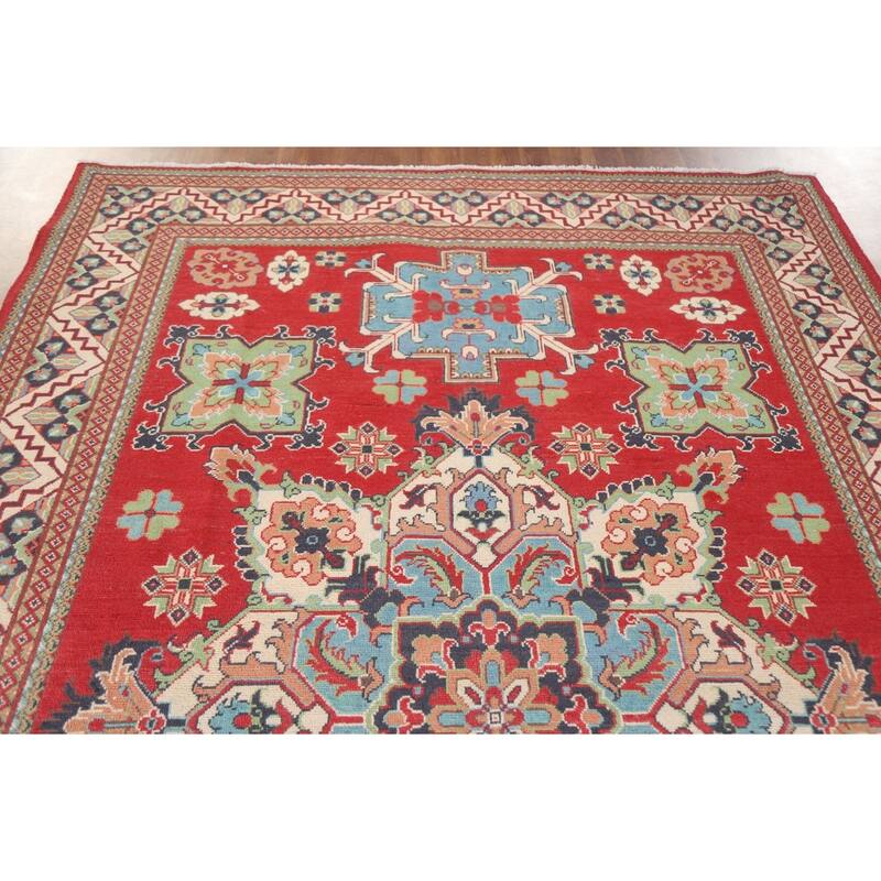 Hand Knotted Oriental 100% Wool Carpet Traditional Geometric Red Kazak Area Rug - 9' 10'' X 6' 5''