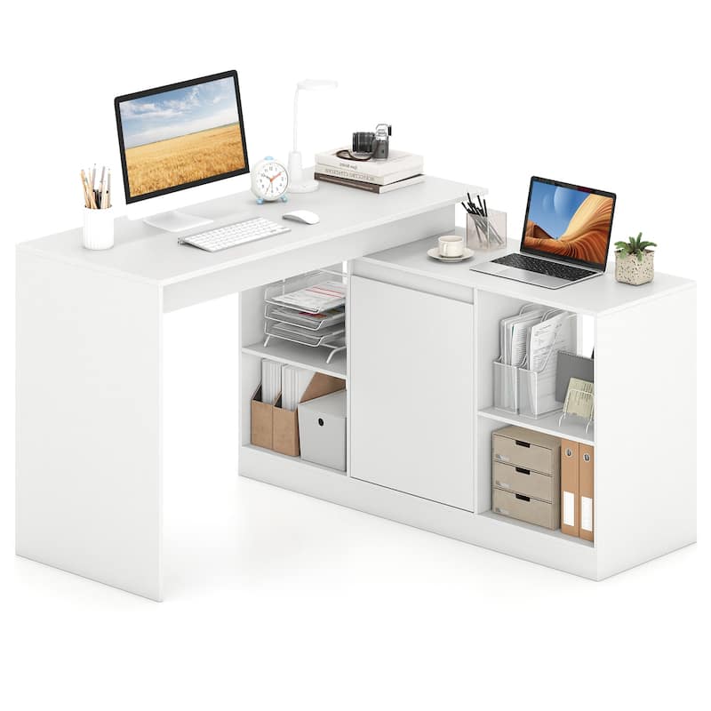 Gymax 48'' Reversible L-shaped Computer Desk w/2 Doors 4 Open Storage - White