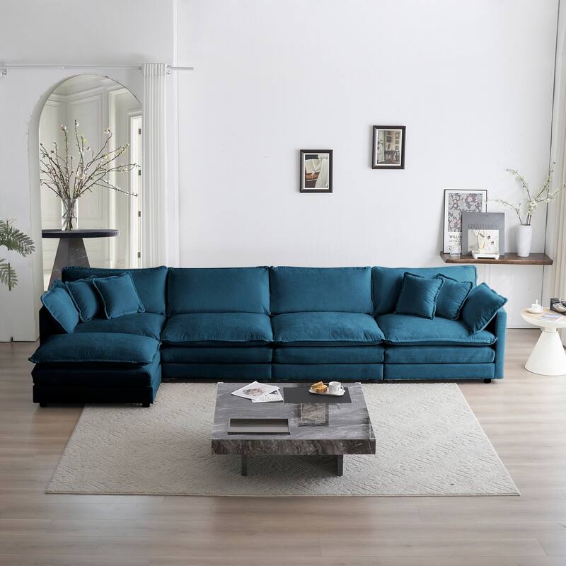 Modular L-Shaped Sectional Sofa, 5-Seater Chenille Upholstered Convertible Couch with 1 Ottoman