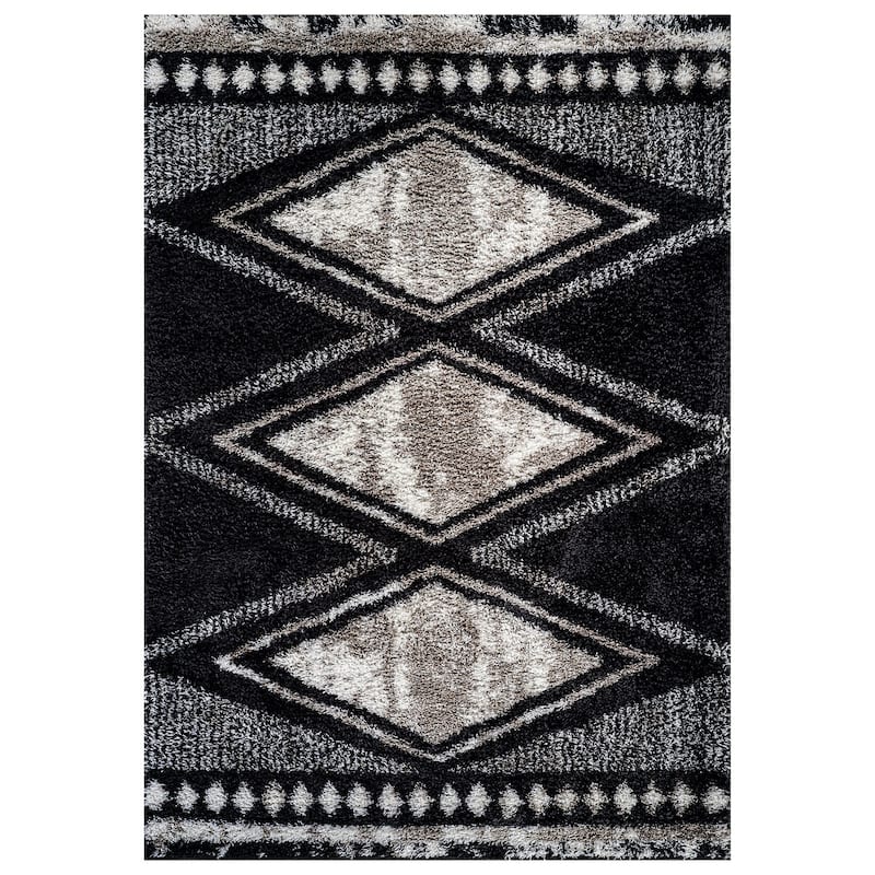 Geometric Grid Shag Rug - Anthracite Dark Gray - Medium Pile - Durable for Living Room, Bedroom, or Entryway