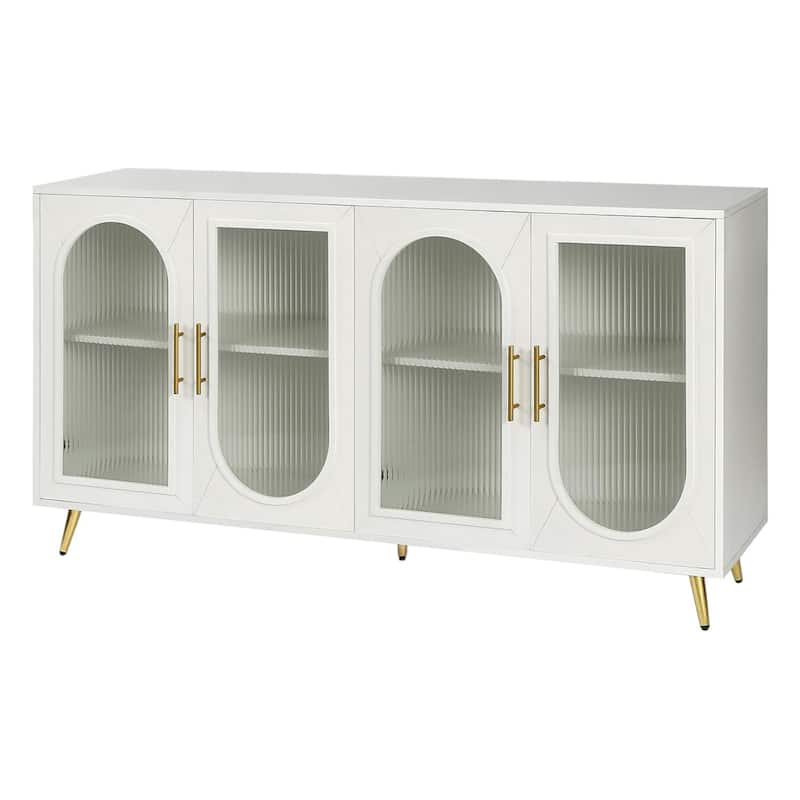 HomeRoots 60" White Ribbed Texture Wood And Glass Sideboard with Four Doors - 60' X '32.3' X '15.7