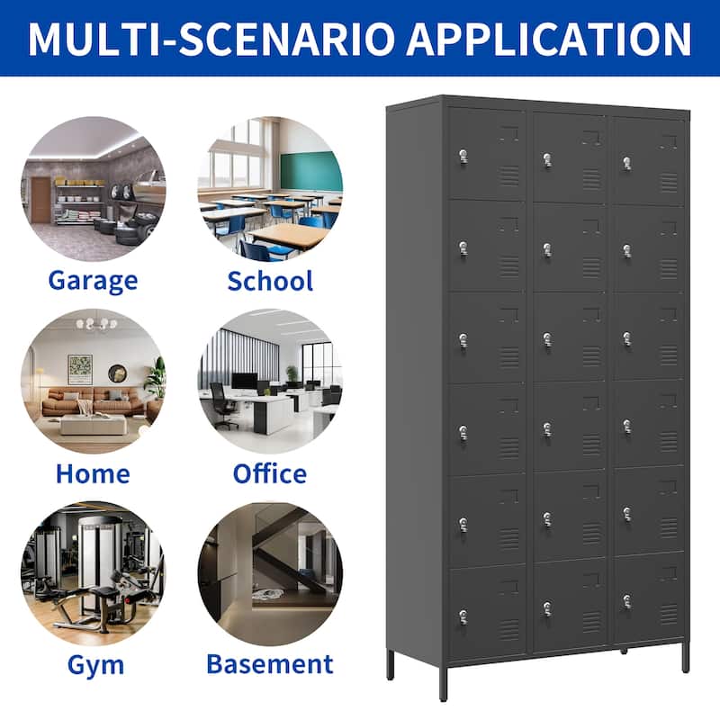 18 Door 72"H Metal Lockers With Lock - Black
