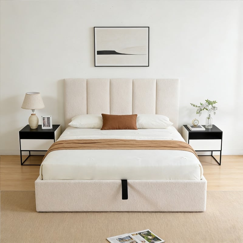 Modern Upholstered Lift-Up Storage Platform Bed with Headboard - Boucle White - Full