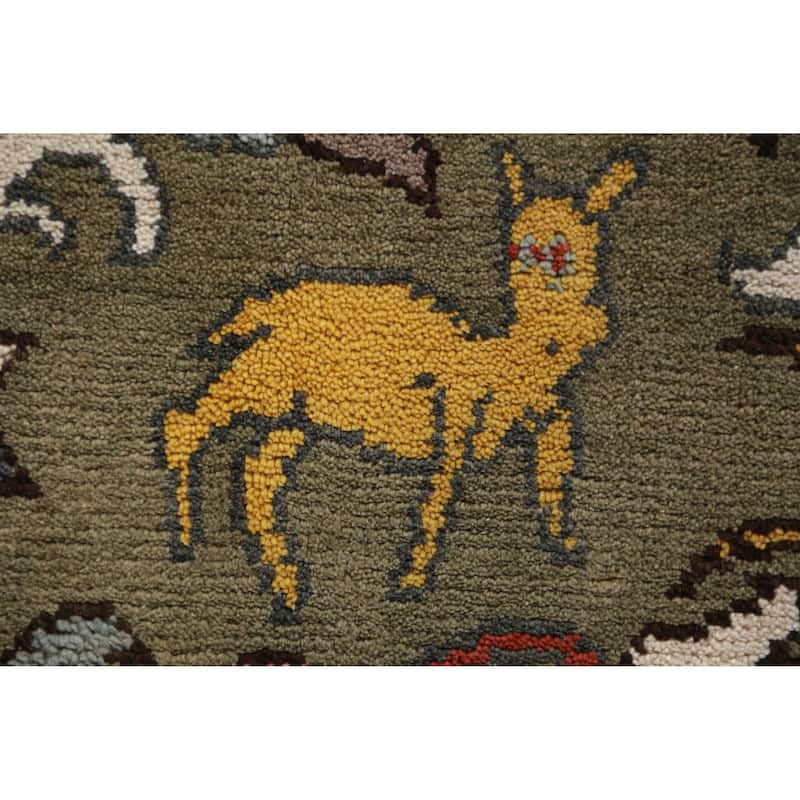 Hunting Animals Green Ziegler Indian Area Rug Handmade Wool Carpet - 9'1"x 11'11"