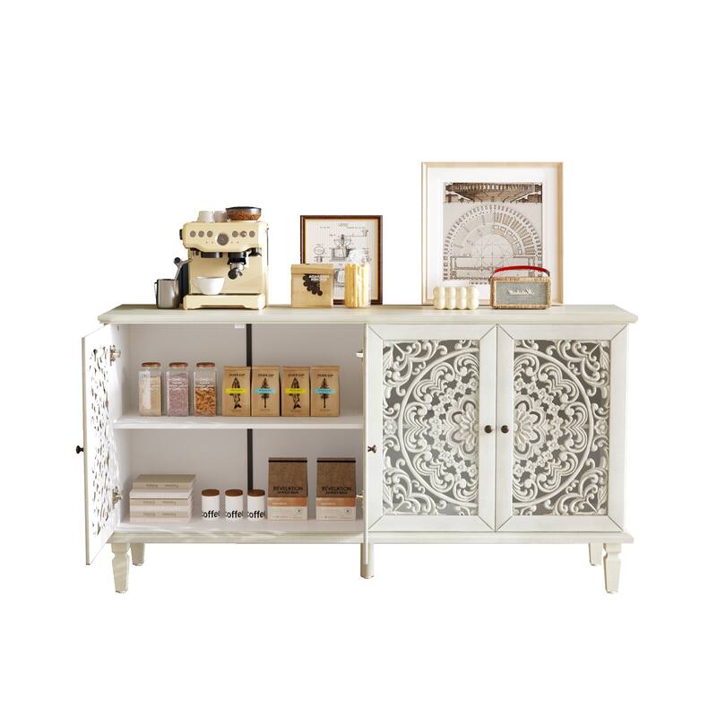Antique Buffet Cabinet, 60" Accent Storage Cabinet Entryway Console with Floral Carvings, Wood Legs, Adjustable Shelves聽