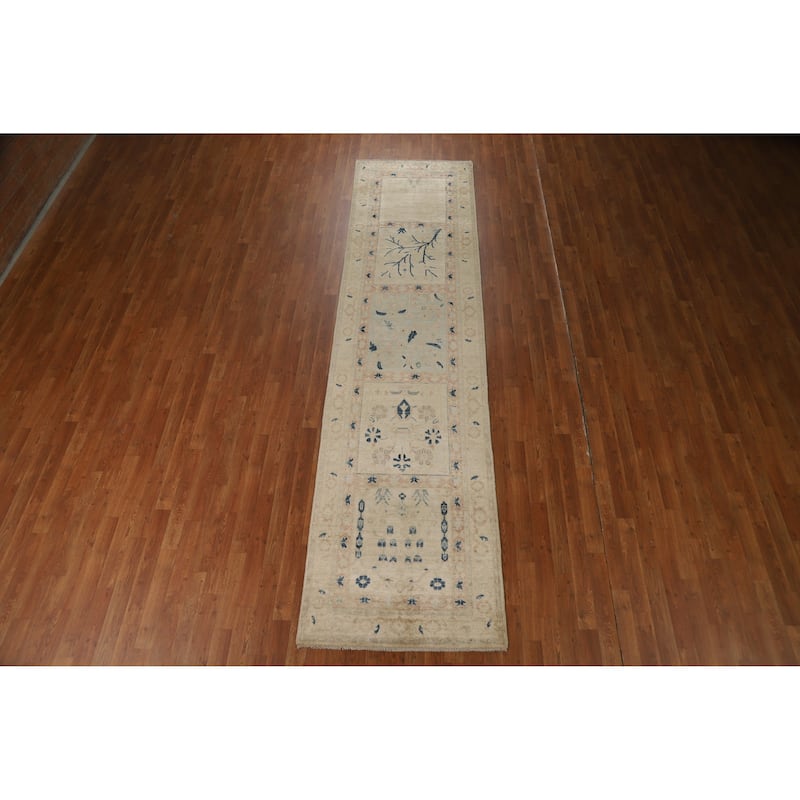 Hand Knotted Oriental 100% Wool Carpet Traditional Floral Beige & Ivories Art Deco Runner Rug - 11' 10'' X 2' 11''