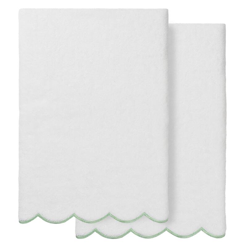 Authentic Hotel and Spa 100% Turkish Cotton ADORNIA Scallop Bath Towel - White/Green - 2 Bath Towels