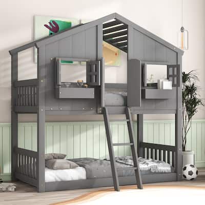House Bunk Bed with Roof, Window, Window Box, Door, with Safety Guardrails and Ladder