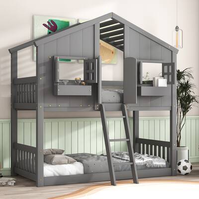 House Bunk Bed with Window, Door, and Safety Guardrails