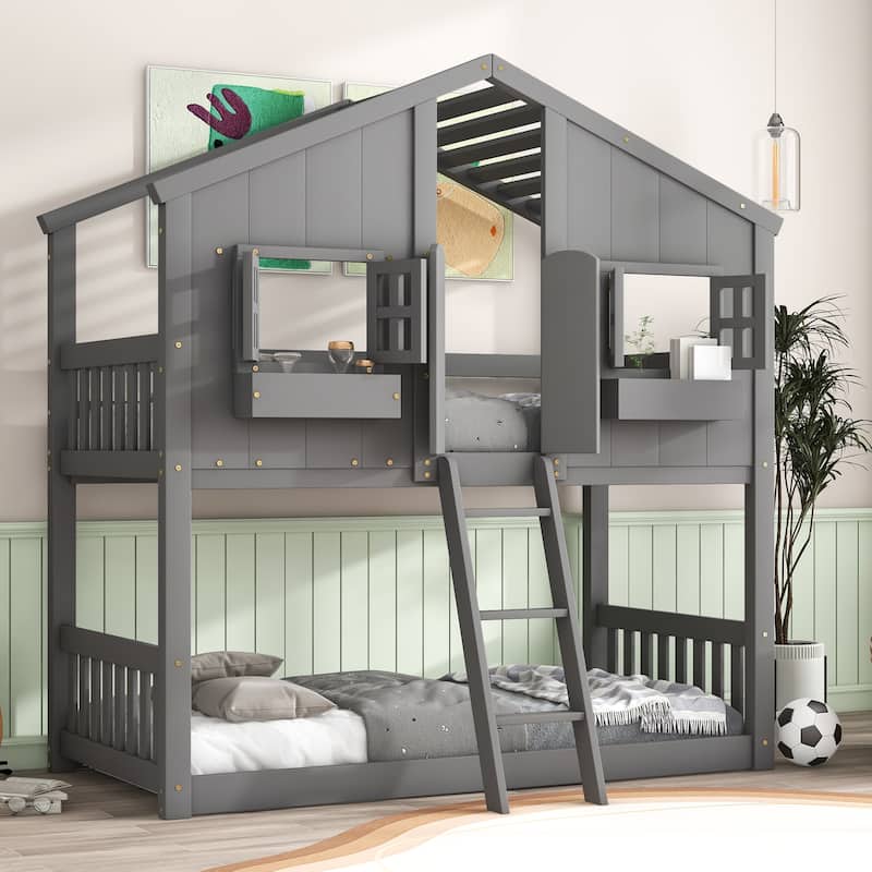 House Bunk Bed with Window, Door, and Safety Guardrails - Gray