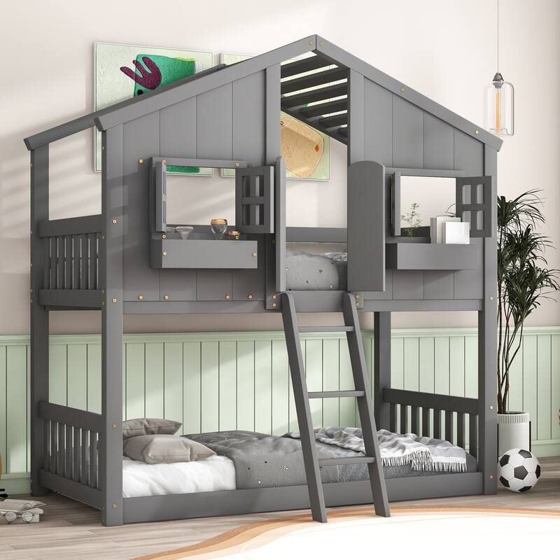 Twin Over Twin Bunk Bed with House Roof, Playful Window Design, Ladder & Guardrails - Grey - Twin