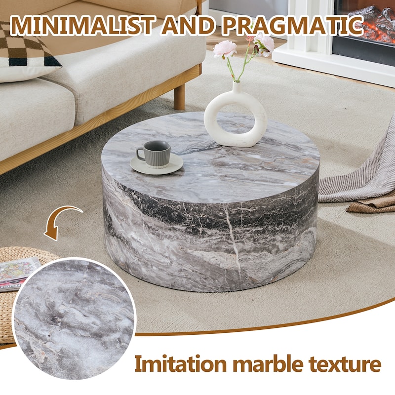 Round Sofa Table with Natural Marble Textured, Cylindrical Coffee Table Accent Table for Living Room