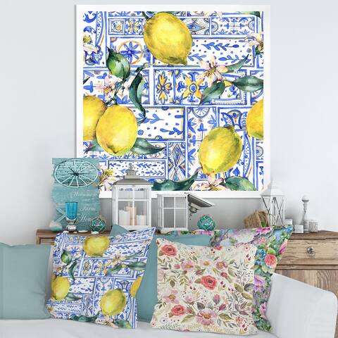 Designart 'Lemon Ornament on Blue Geometrical Pattern I' Tropical Framed Art Print