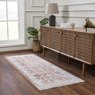 Hauteloom Ezio Hallway, Kitchen Machine Washable Runner Rug - Rust, Mustard, Off White - 2'7" x 7'3"