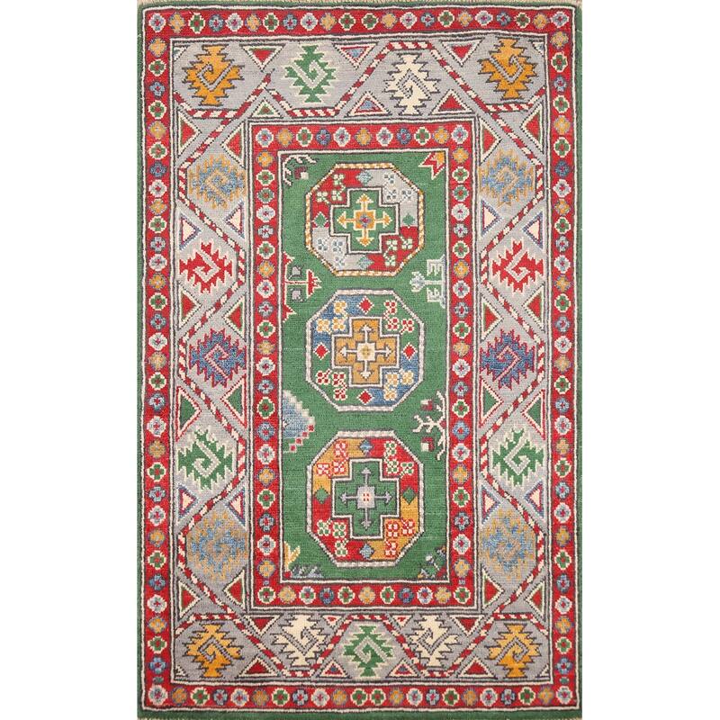 Green Kazak Foyer Rug Handmade Home Decor Wool Carpet - 2'7"x 4'3"