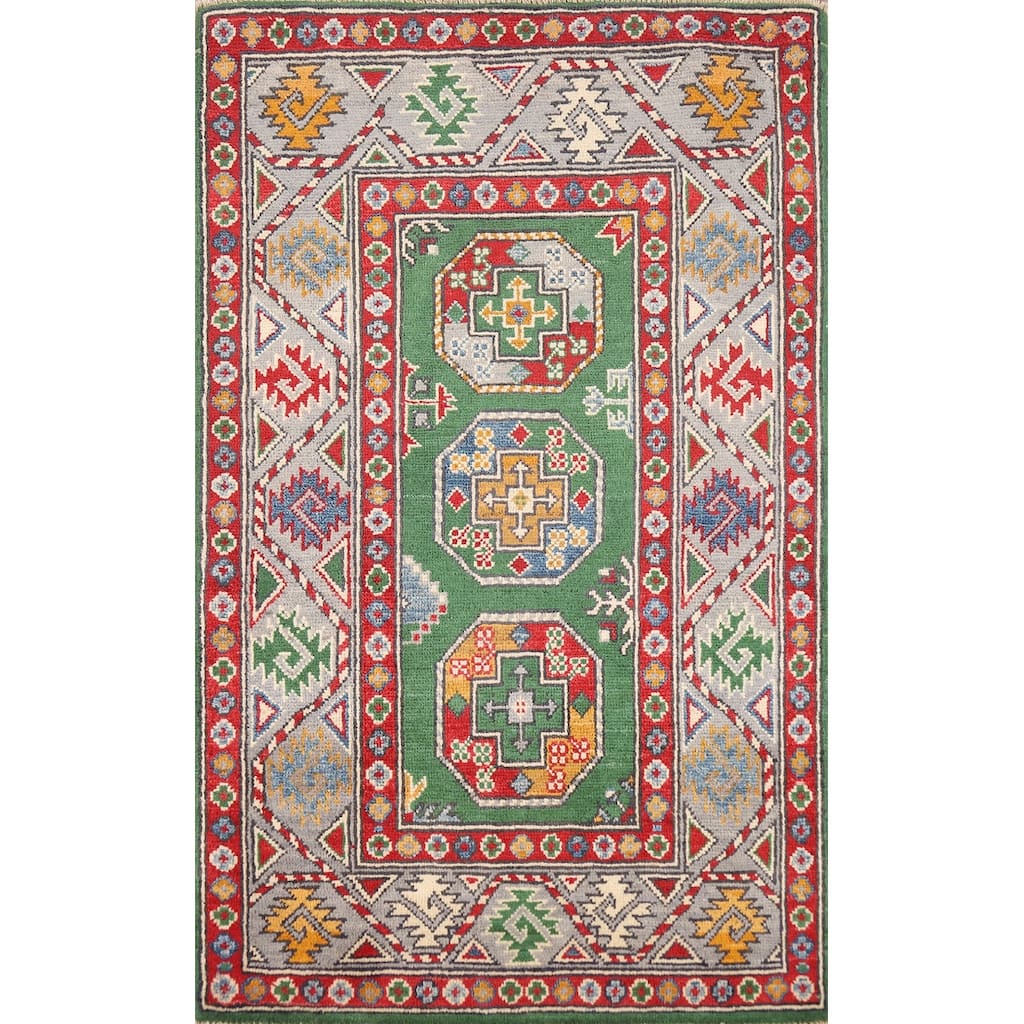 Green Kazak Foyer Rug Handmade Home Decor Wool Carpet - 2'7"x 4'3"