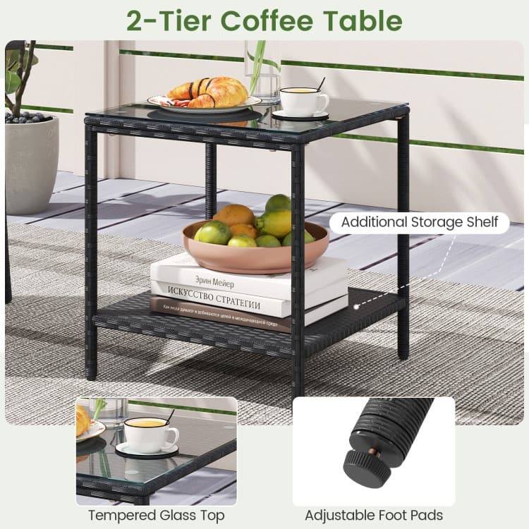3 Piece Black PE Rattan Patio Set with Metal Frame, Cushions and Glass Table - Chair: 23" x 22.5" x 35"