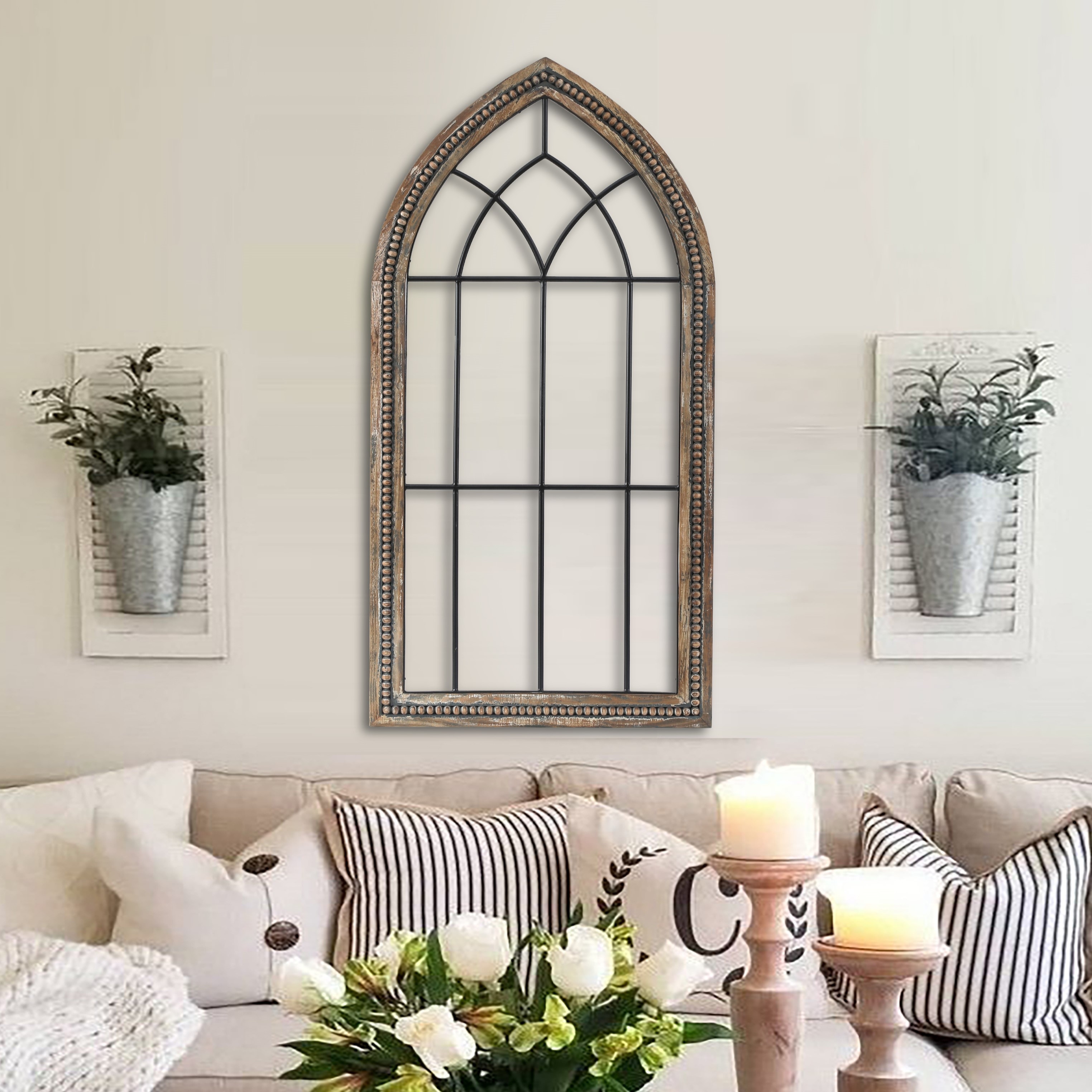 Rustic Wood and Black Metal Arched Window Wall Decor On Sale Bed Bath   Beyond 29473875