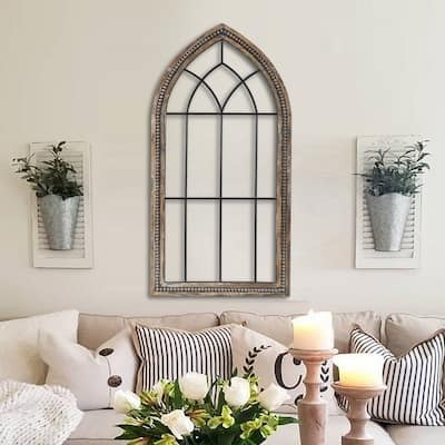 Rustic Wood and Black Metal Arched Window Wall Decor