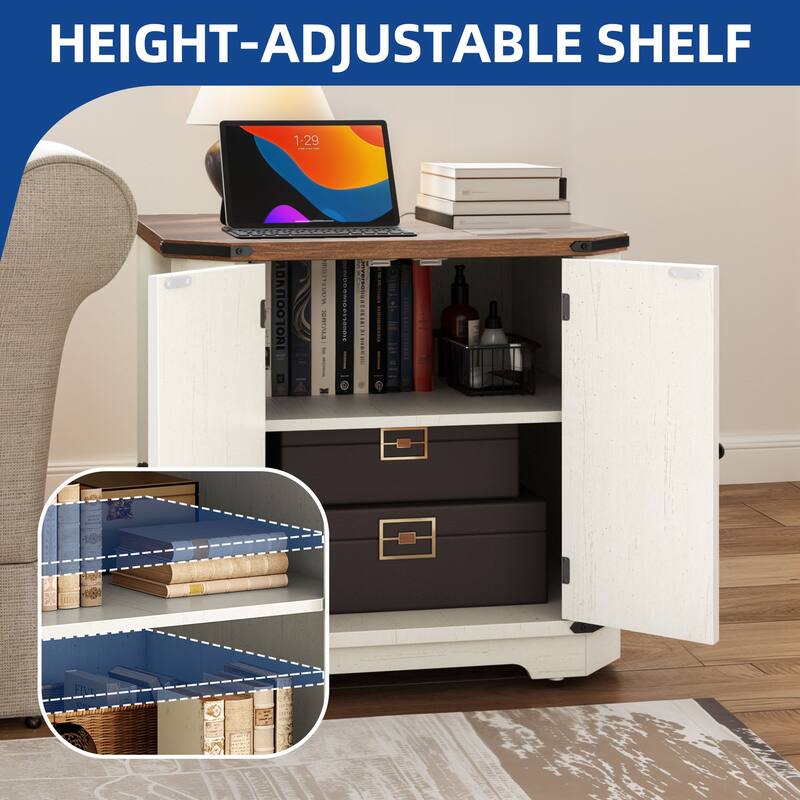 Moasis End Table with Charging Station, Farmhouse Side Table with Storage and Shelves
