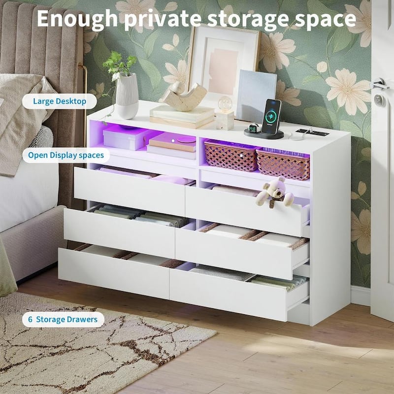 6 Drawer Dresser, with LED Lights and USB Charging Station