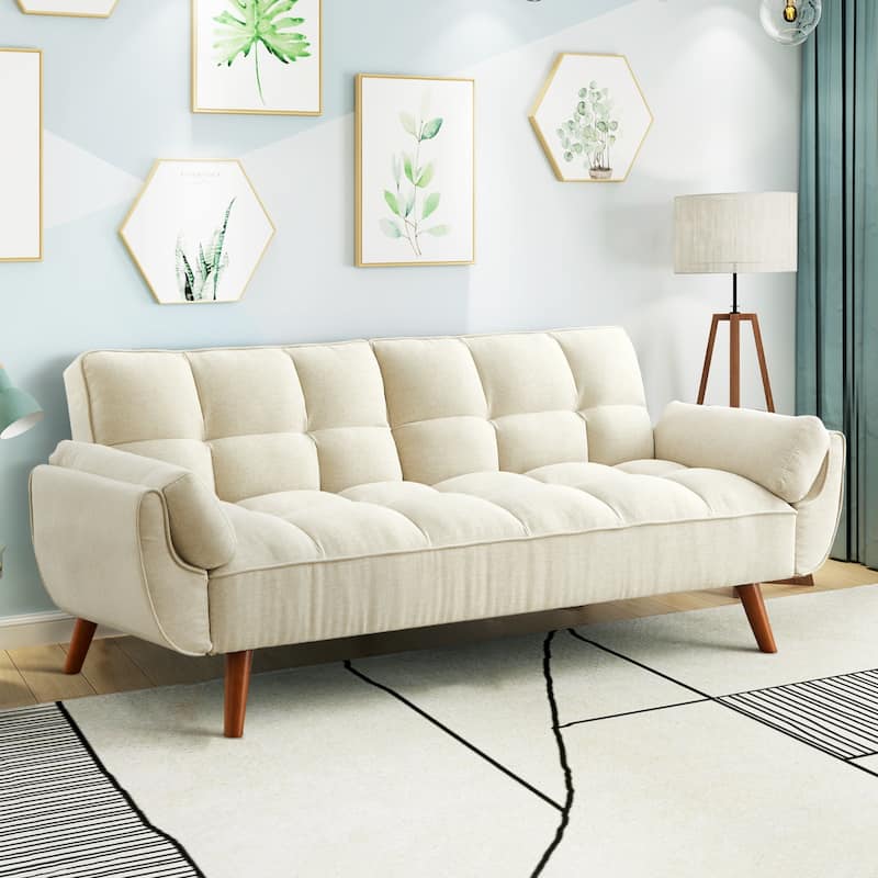 75.39" Futon Sofa Bed, Convertible Folding Futon Couch Recliner Lounge For Living Room With 2 Pillow/Armrest - Beige