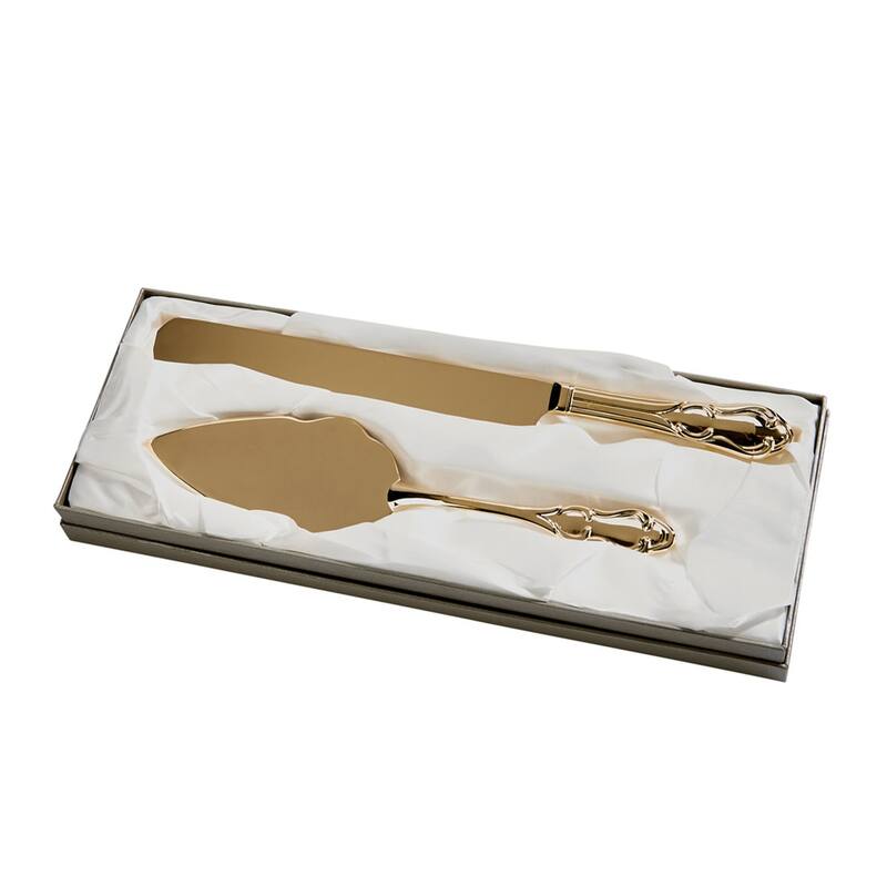 Antique Style Gold Tone Cake Knife and Server Set with Detailed Fluted Handles and Modern Craft - 11.25"L