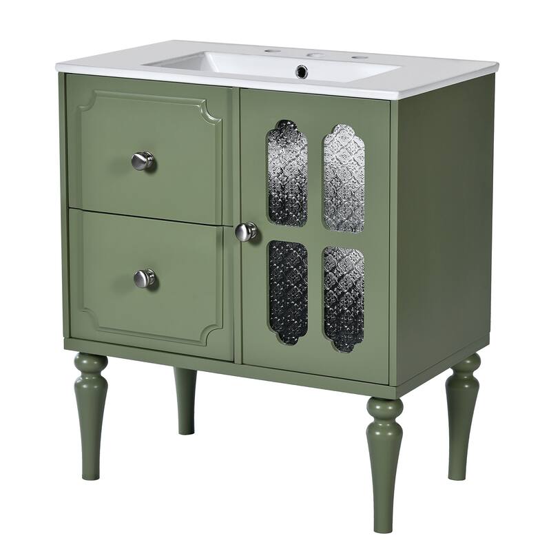 30 Inch Single Sink Freestanding Bathroom Vanity in Green with White Ceramic Top