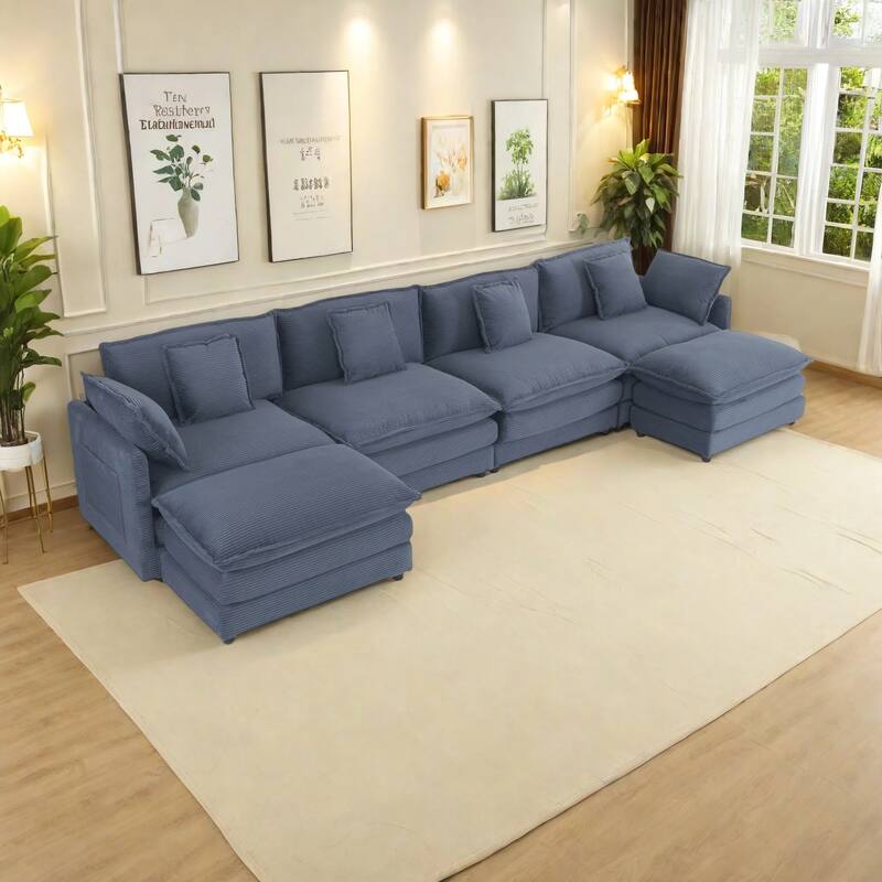 149.6" Corduroy Upholstered U-Shaped Modular Sectional Sofa with Side Storage Pockets