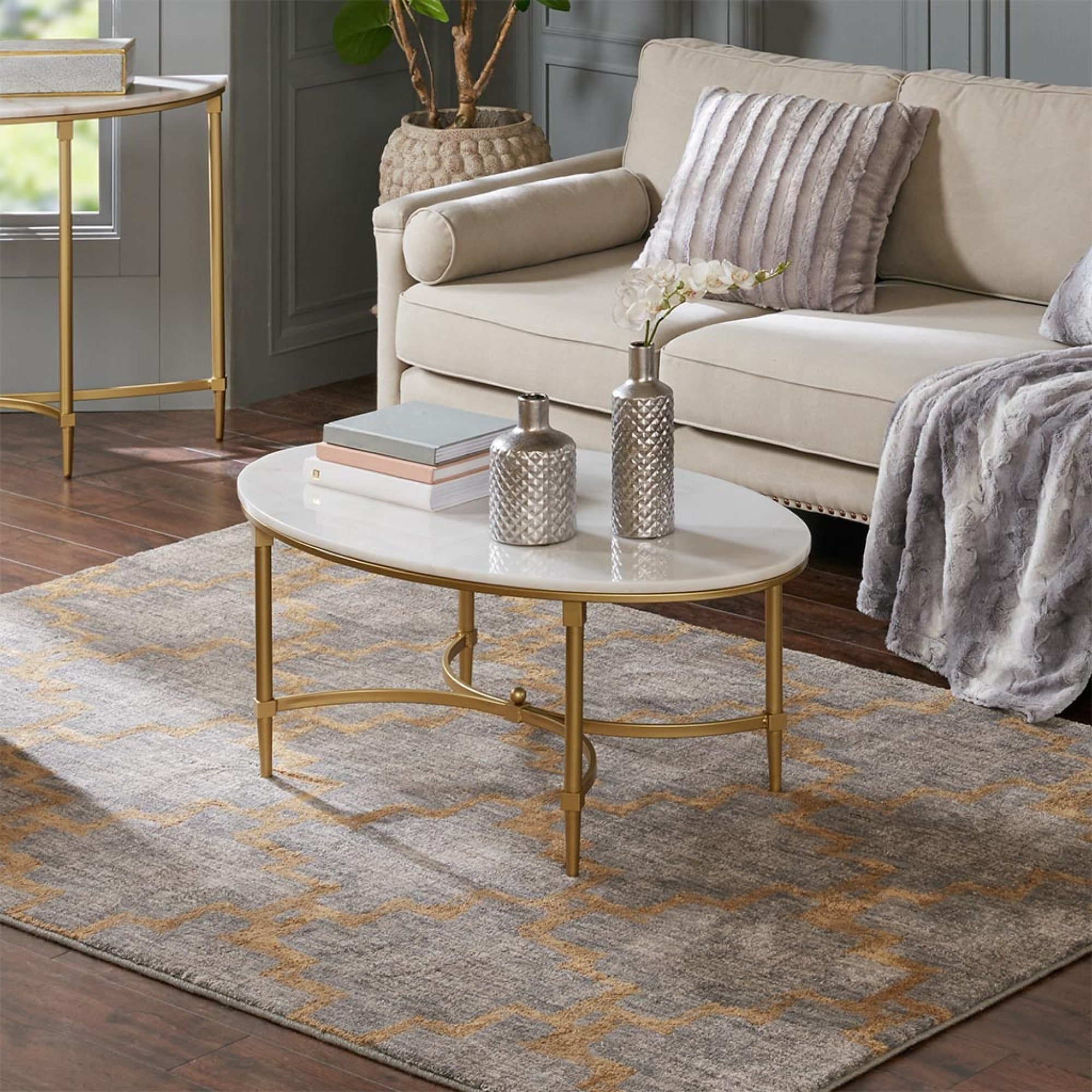 Roomfitters 40-Inch Oval Coffee Table, Genuine White Marble Top with Elegant Gold-Finished Metal Frame
