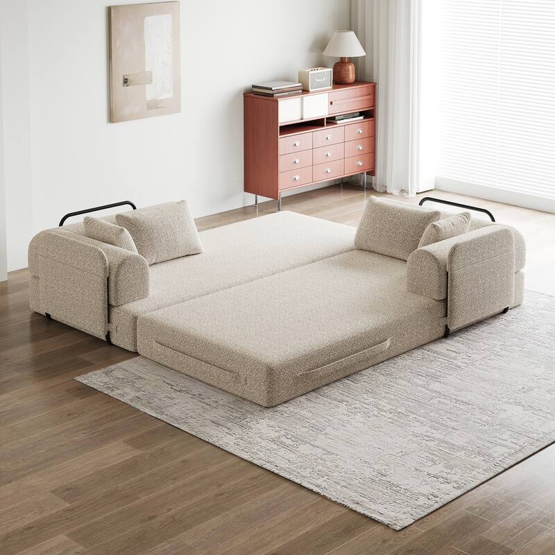 Chenille Convertible Sleeper Sofa Bed, Folding Sofa Bed with Cylindrical Pillow, Floor Upholstered Sofa with Side Pocket