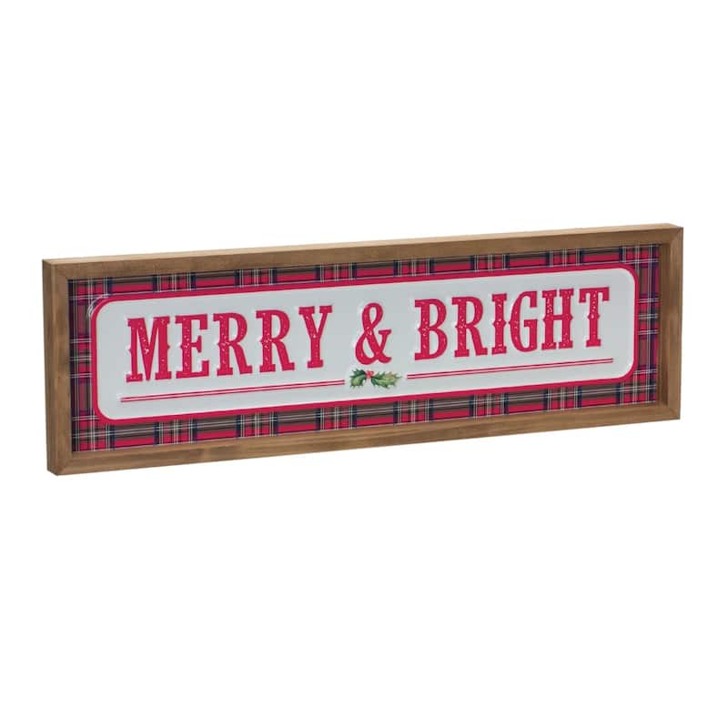 "Merry Bright" Plaid Framed Christmas Wall Sign 19.75" Red White