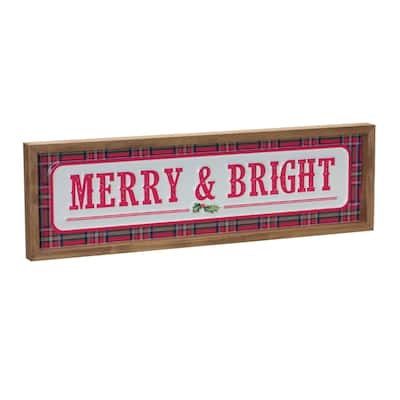 "Merry Bright" Plaid Framed Christmas Wall Sign 19.75" Red White