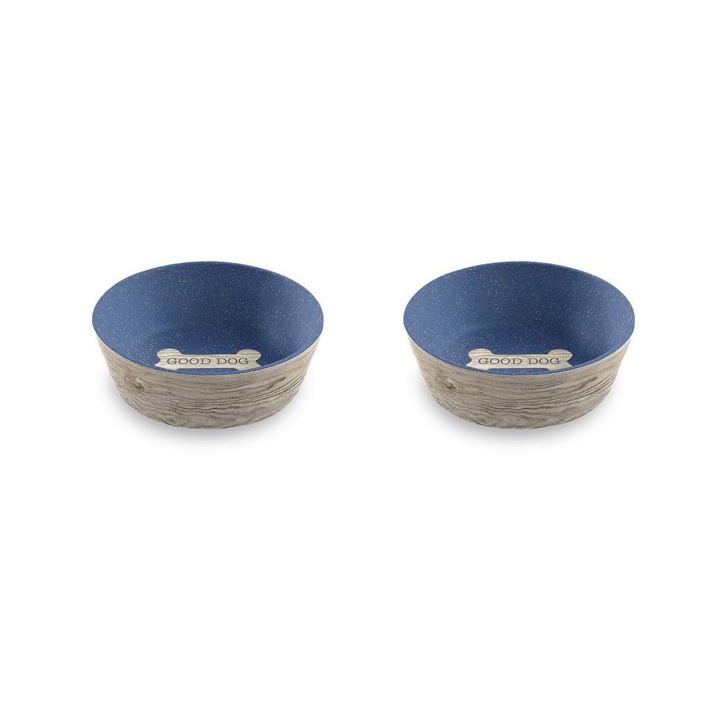 Abode Homewares French Oak Wood Bone Merge Pet Bowl - Blue - Set of 2