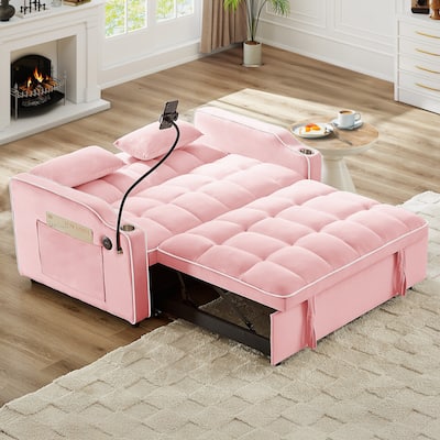 Convertible Sofa Bed Loveseat with Adjustable Backrest & Storage Pockets, Pull-Out Sleeper Sofa with USB Charging Ports