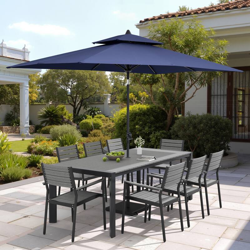 9/11-Piece Patio Dining Set Aluminum Dining Table and Chairs w/10 ft Market Umbrella and Base with Wheels