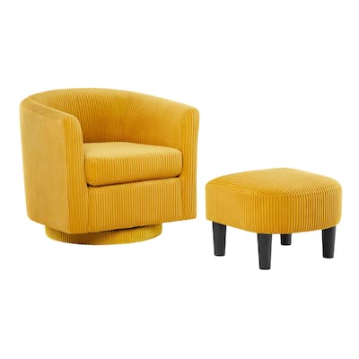 Yellow Modern 26.38" Upholstered 360째 Swivel Arm Chair with Ottoman, Rubber Wood Frame