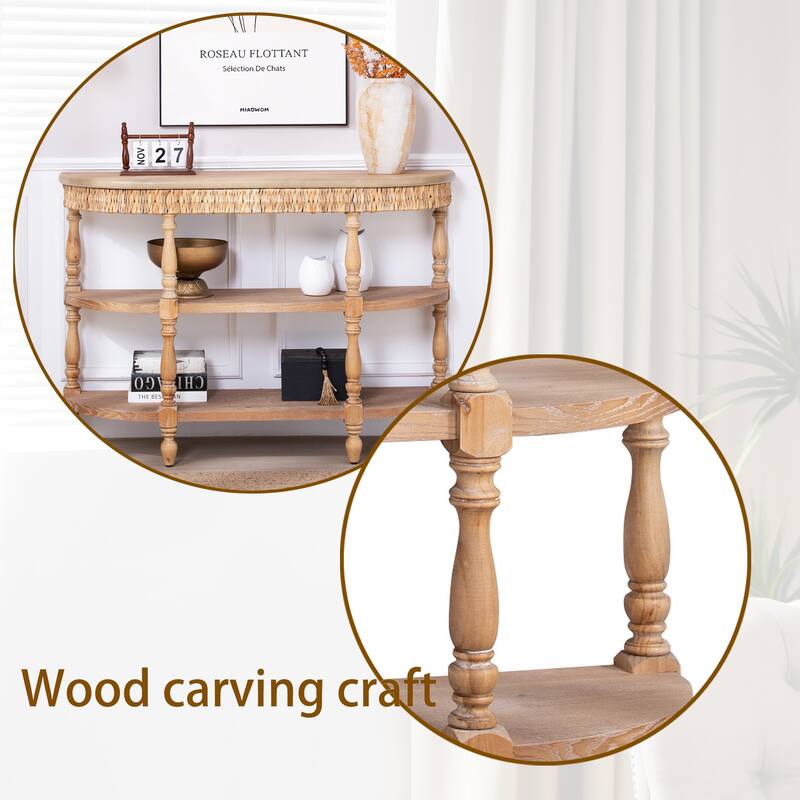 49" Wood Console Table with Hand-Woven Trim, 3-Tier Storage Shelves, with Carved Legs, Rustic Coastal Farmhouse Accent Table