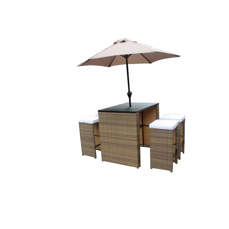 Luxury Living Furniture 6 Piece Wicker Rattan Outdoor Bar Set with Umbrella and Cushions for Patio and Poolside - Beige